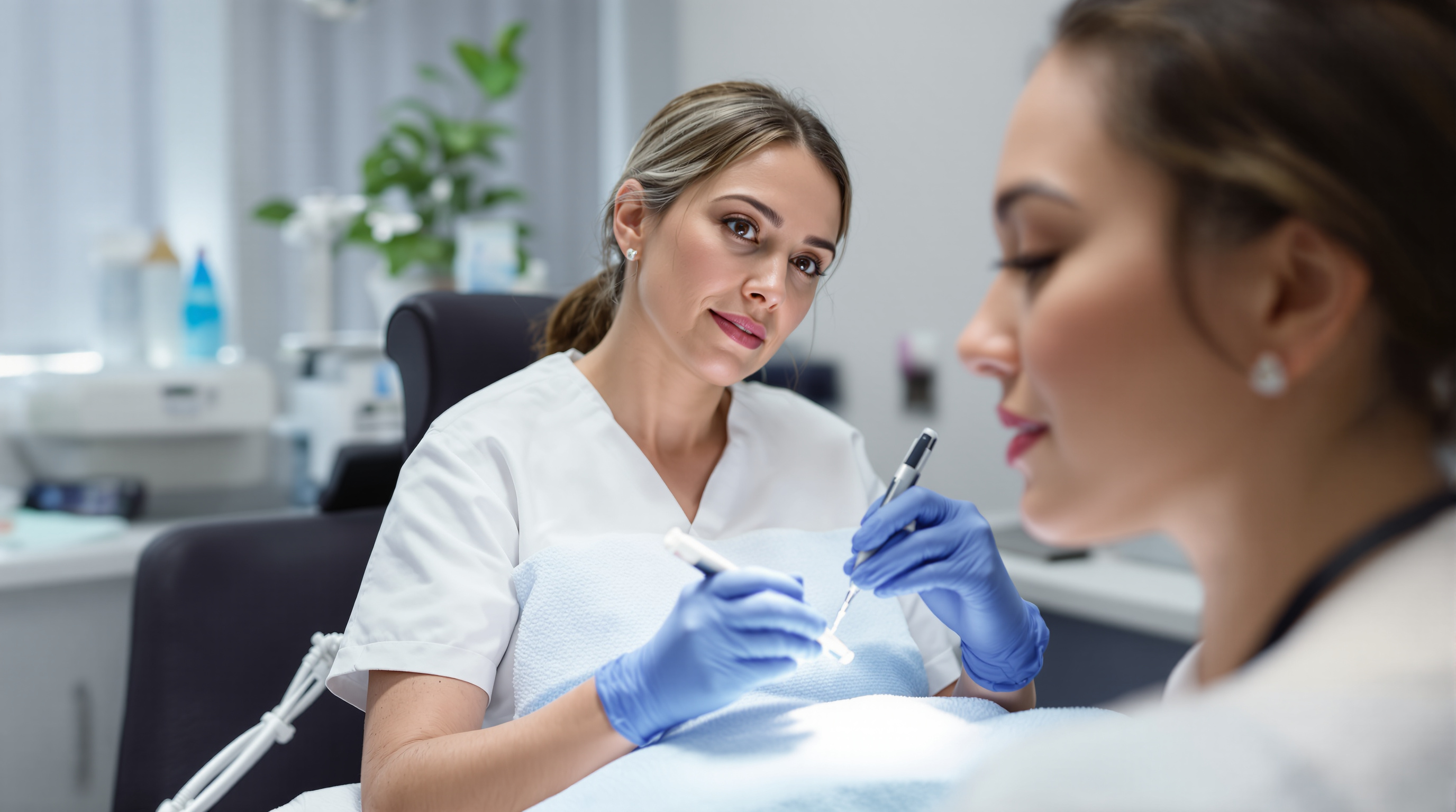 A facial plastic surgeon assessing a seated patient's cheek and jaw contour with gloved fingertips in a warm consultation room