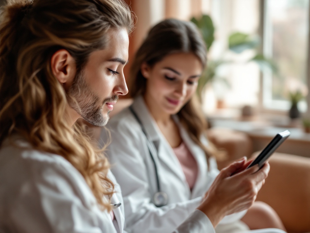 A facial plastic surgeon and patient reviewing a profile on a tablet in a warm consultation room