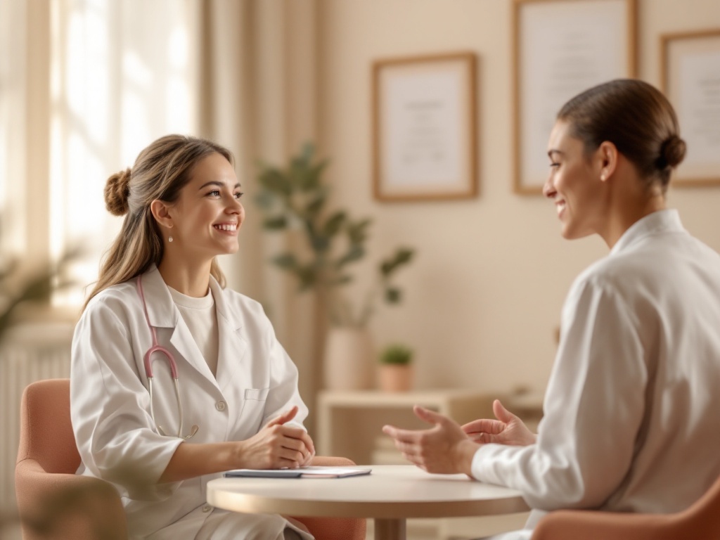 A welcoming aesthetic doctor talking with a patient in a warm modern consultation room