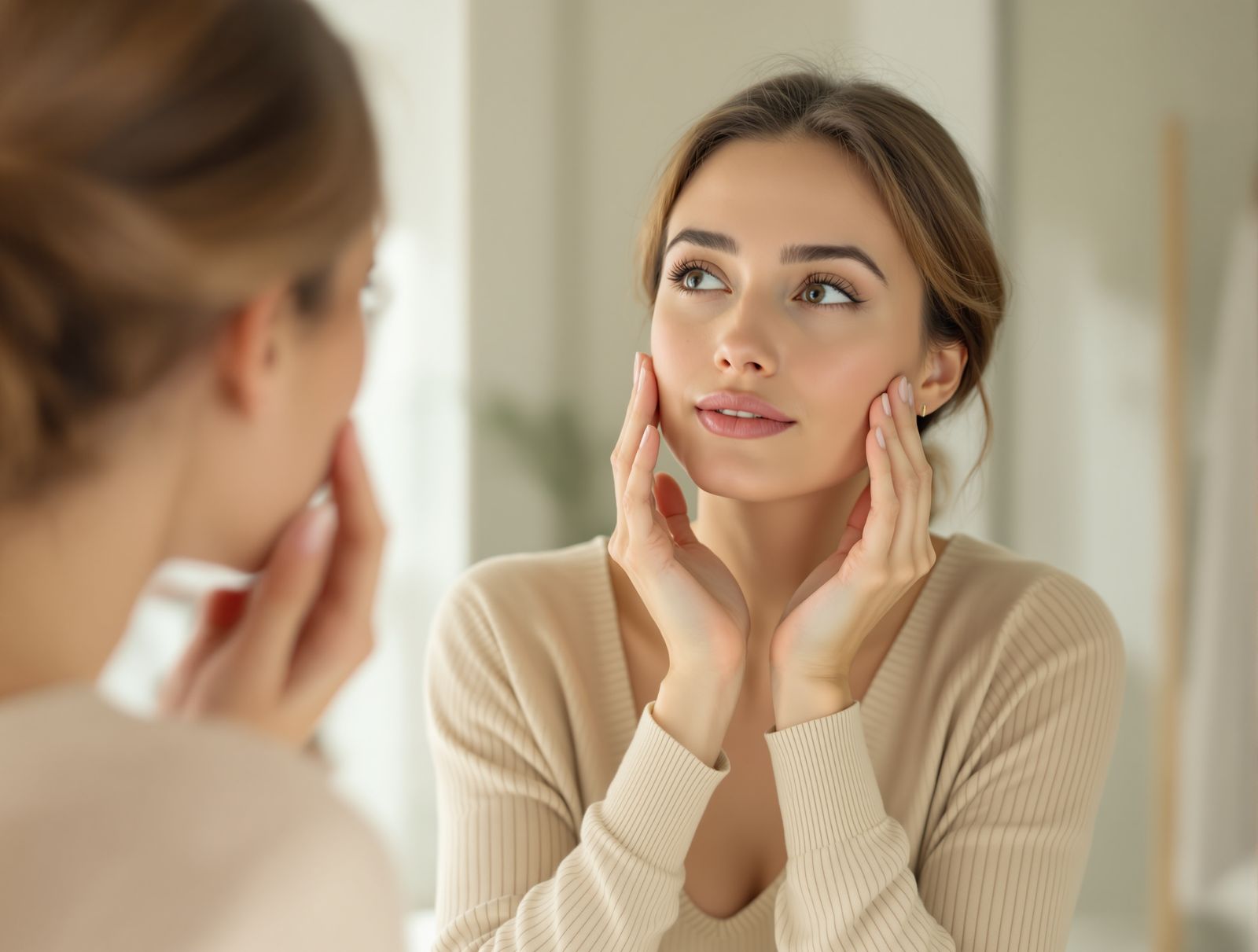 A woman resting her fingertips along her jawline in soft warm natural light, considering facial exercises