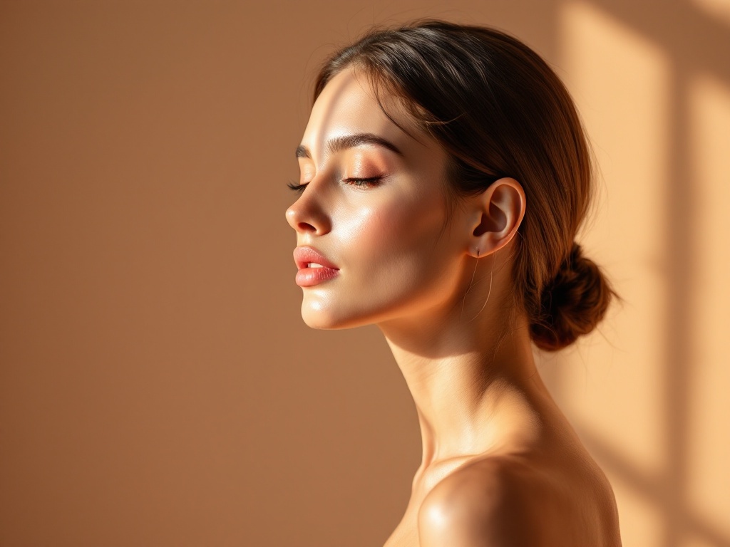 Side profile of a woman with a naturally defined jawline in soft warm light