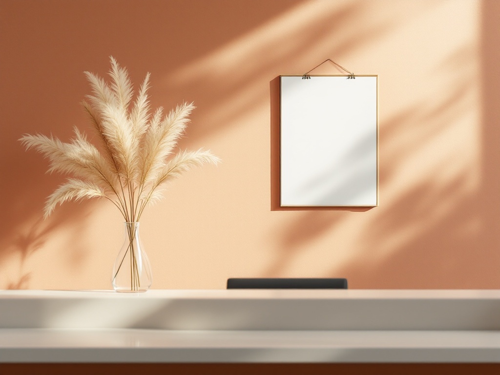 A calm, warm-toned modern aesthetic clinic reception with dried pampas in a vase