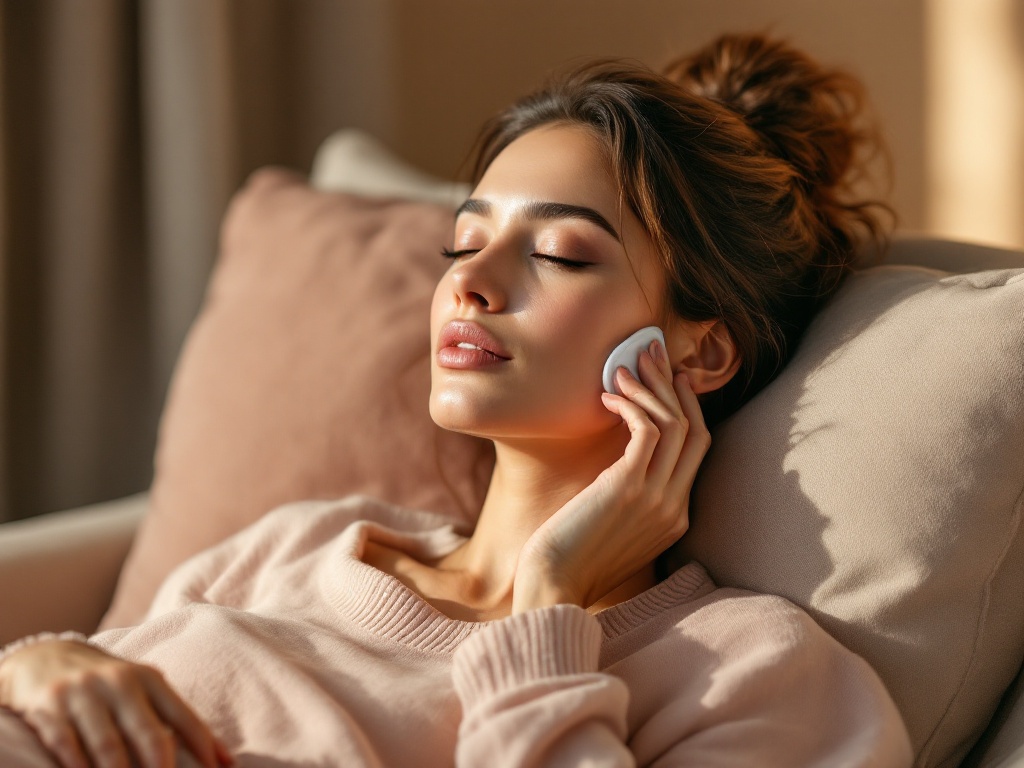A calm woman resting at home with a cool compress held gently to her jawline in soft warm light