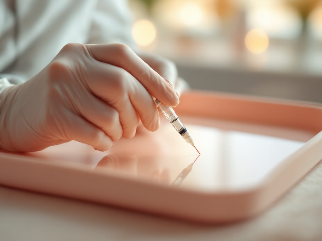 A clinician's gloved hand holding a small dermal filler syringe over a warm-toned tray