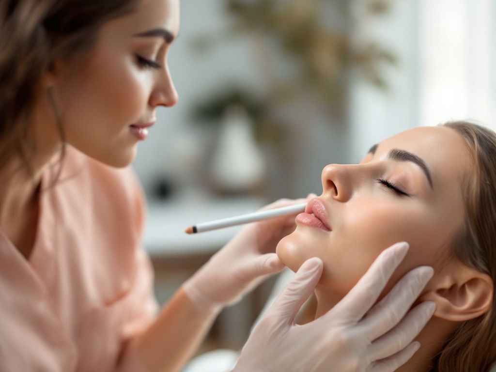 An aesthetic practitioner marking a patient's jawline with a white pencil during a consultation
