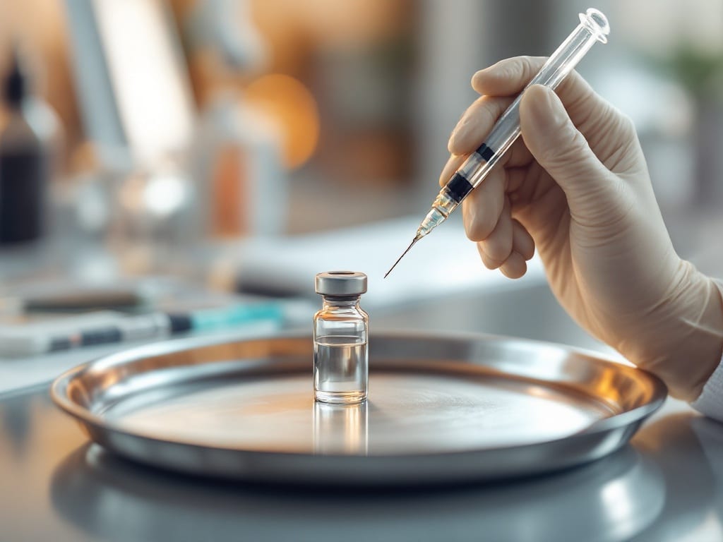Gloved hands preparing a small injection vial and syringe on a tray in a warm modern clinic