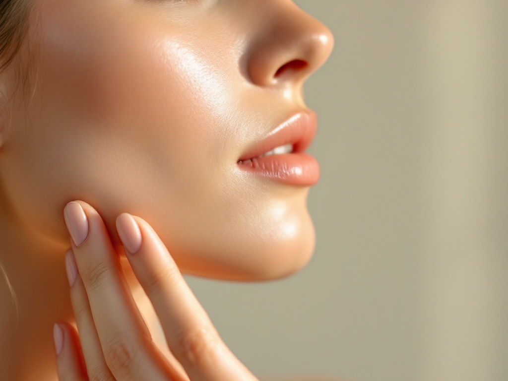 Close profile of a woman's lower face with fingertips resting near the jaw muscle