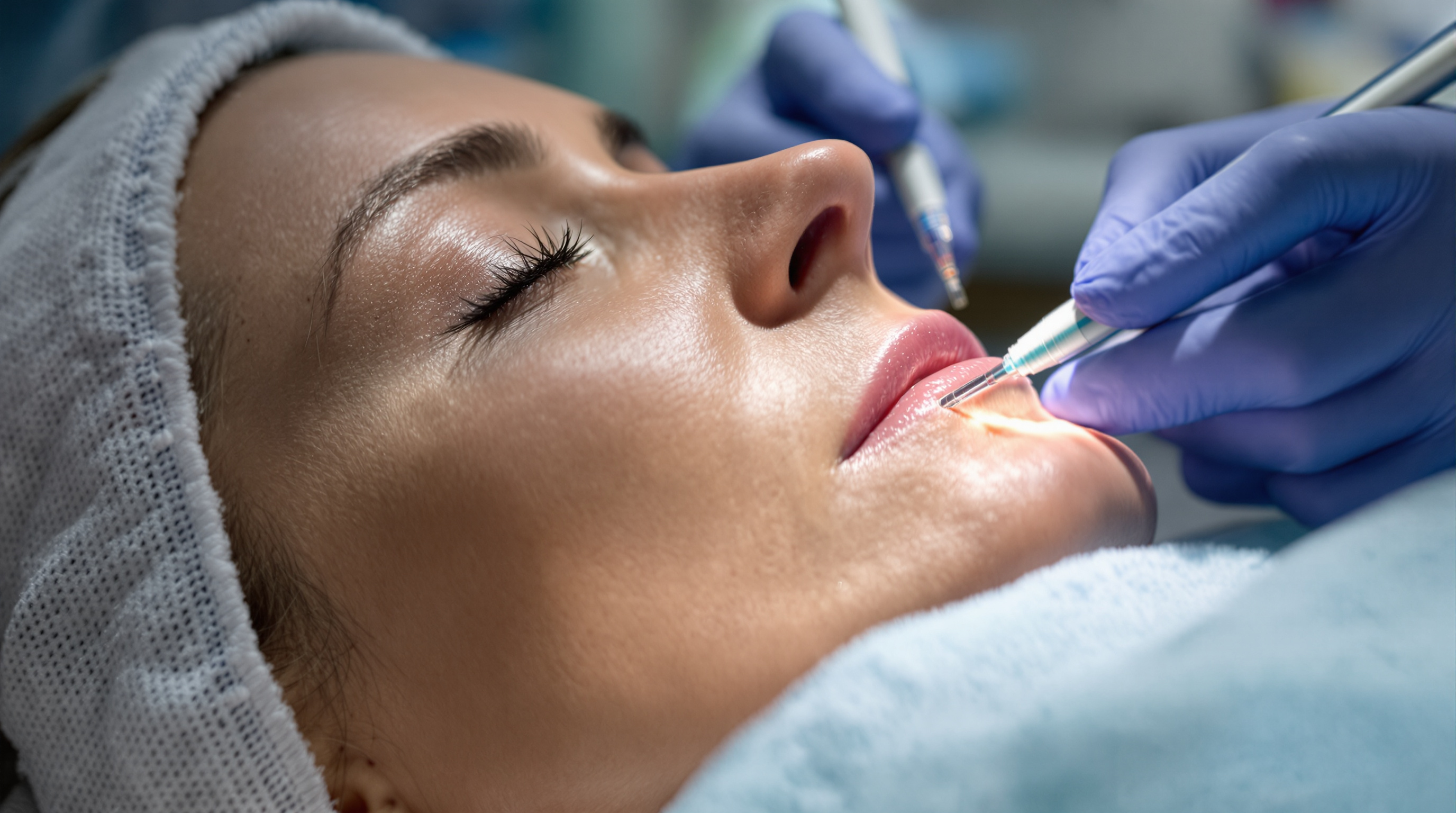 Gloved aesthetic practitioner marking a reclining woman's lower jaw with a fine white pencil before a thread lift in soft window light