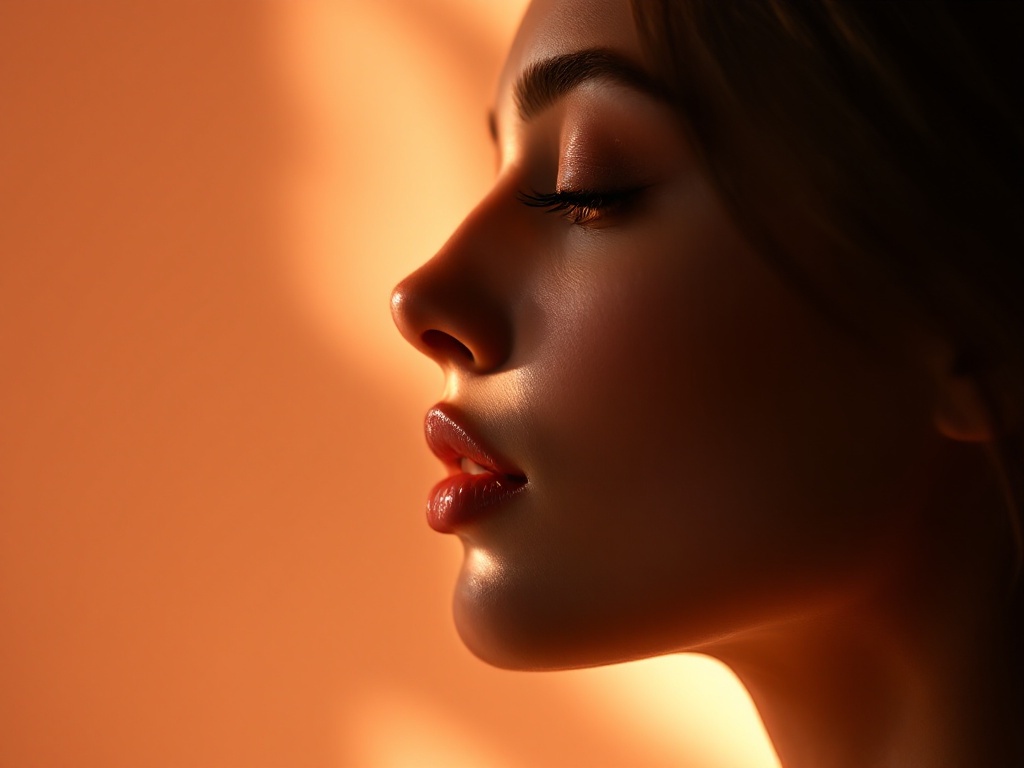 Graceful side profile of a woman showing the harmony of nose, chin, and jawline in warm light