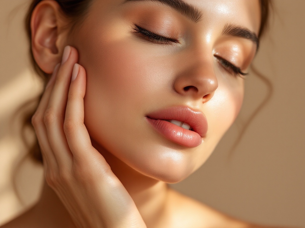 A woman gently touching her cheek and jawline showing firm, healthy skin in warm daylight
