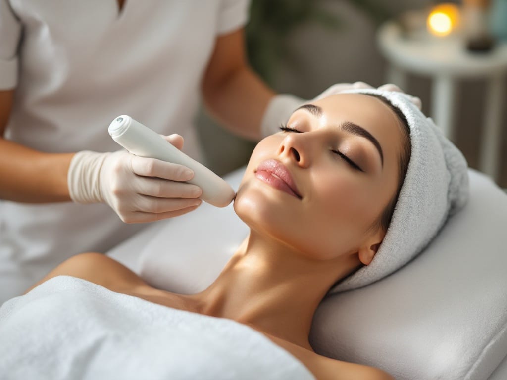 A practitioner gliding a smooth ultrasound tightening handpiece along a reclining woman's jawline