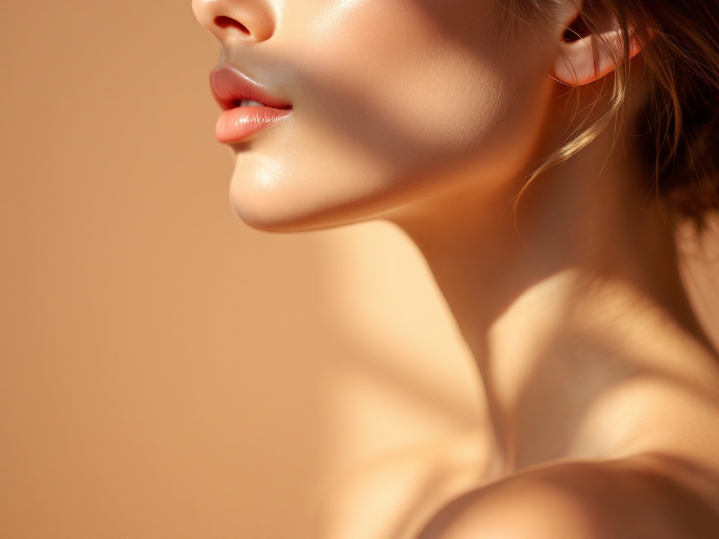 Soft profile focused on a person's chin and neck contour in warm natural light