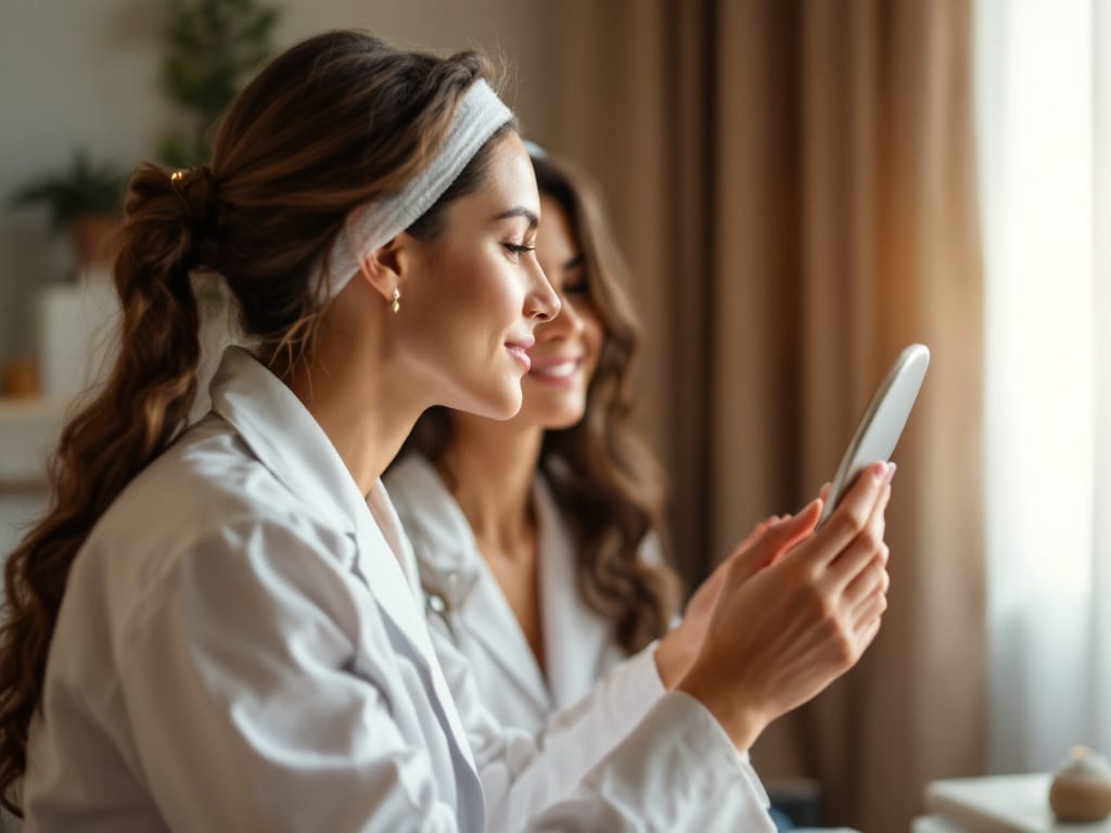 An aesthetic doctor gesturing along a patient's jawline in a mirror during a warm consultation
